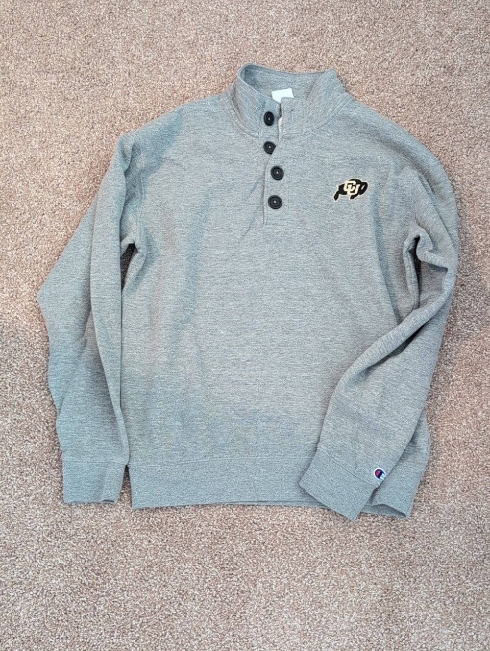 Champion Light Gray Crewneck Quarter-Placket Sweater with CU Buffalo Patch